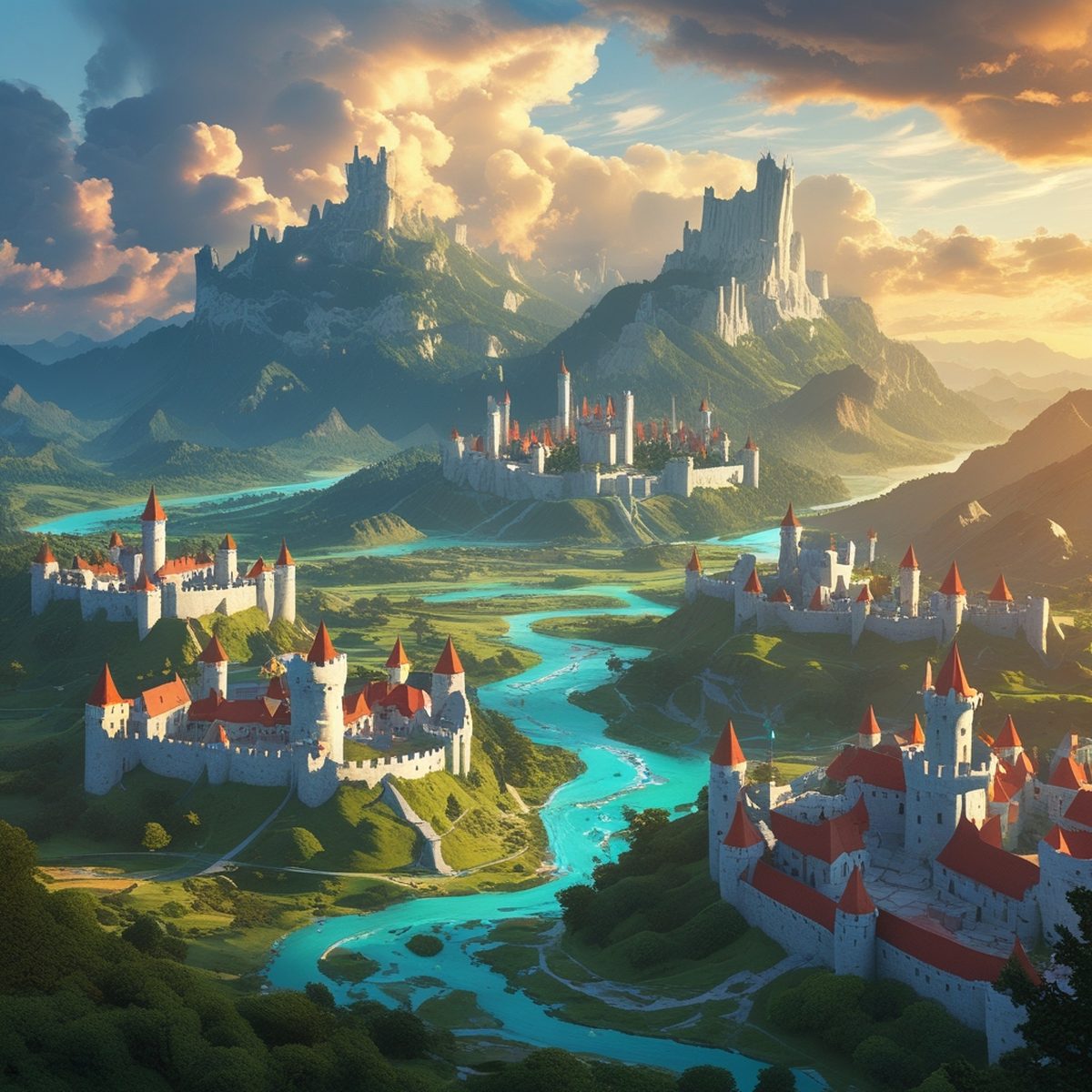 A panoramic fantasy kingdom with castles and turquoise rivers